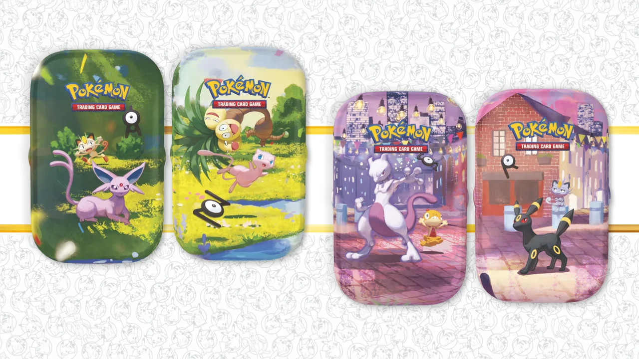 Espeon, Lapras, Mewtwo and Umbreon on 30th Celebration Mini Tins. Official product artwork © Pokémon