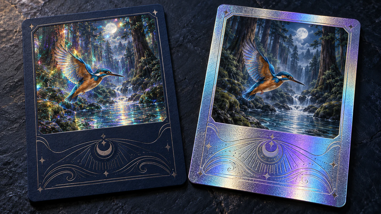 An original illustration of matching card specimens with foil in the artwork on one and around the artwork on the other.