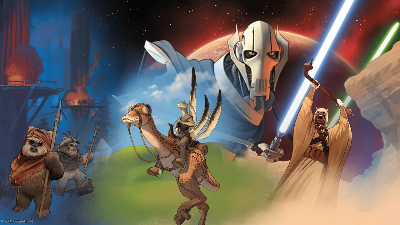Homeworlds artwork with General Grievous, Ewoks, Jar Jar Binks and a Tusken Raider. © & ™ Lucasfilm Ltd., published by Fantasy Flight Games