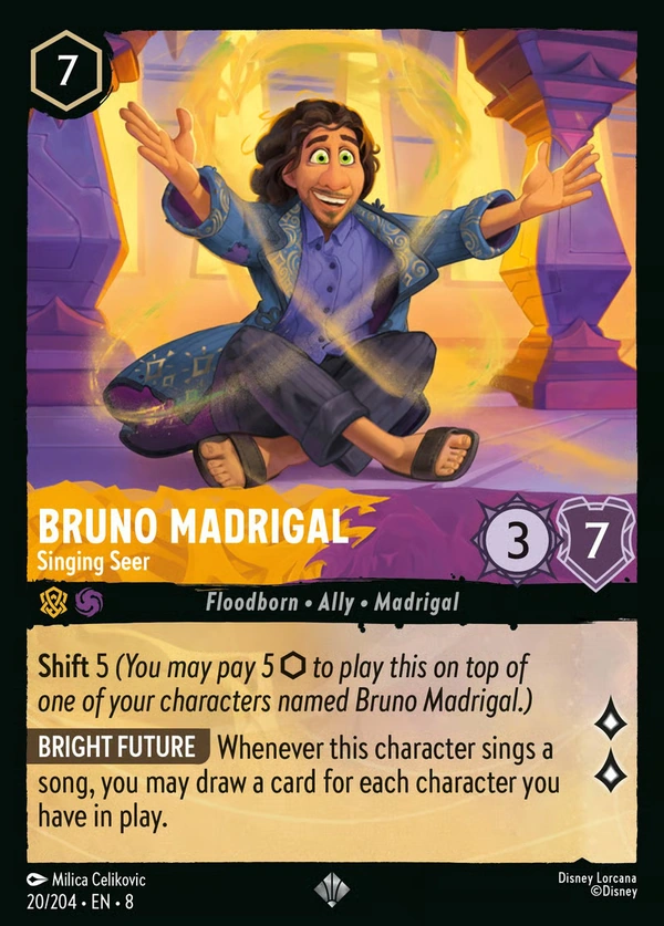 Complete Bruno Madrigal – Singing Seer card, showing Bruno seated cross-legged with arms spread in a golden room framed by purple pillars.