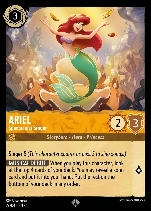 Complete Ariel – Spectacular Singer card, with Ariel performing above a shell-shaped stage surrounded by fish.