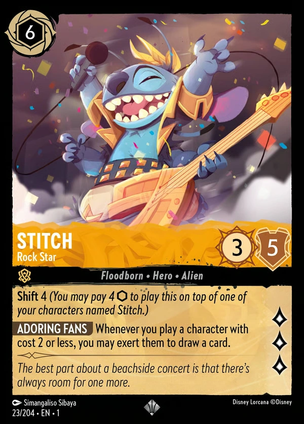 Complete Stitch – Rock Star card, showing Stitch singing into a microphone and playing an orange guitar amid confetti.