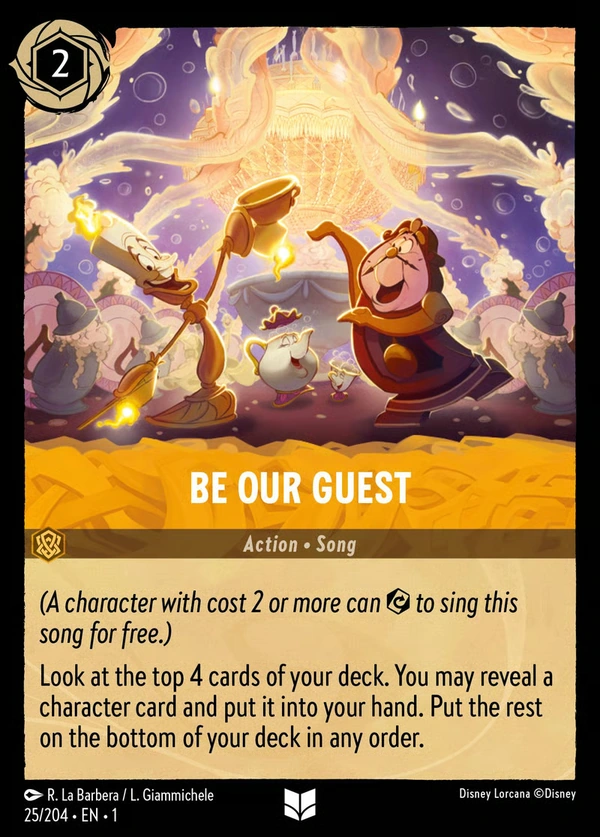 Complete Be Our Guest song card, showing Lumière, Cogsworth, Mrs. Potts and Chip beneath a glowing chandelier.