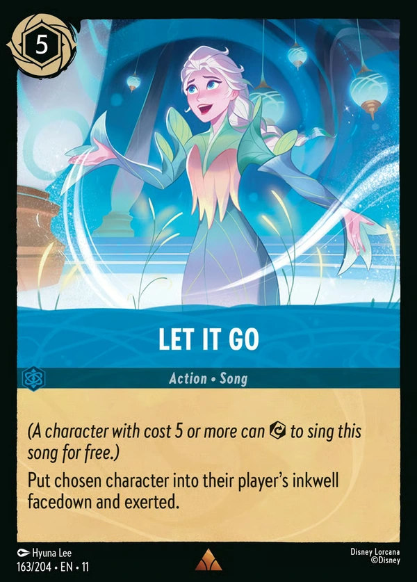 Complete Let It Go song card from Winterspell, showing Elsa with open arms and white icy swirls in a turquoise, lantern-lit hall.