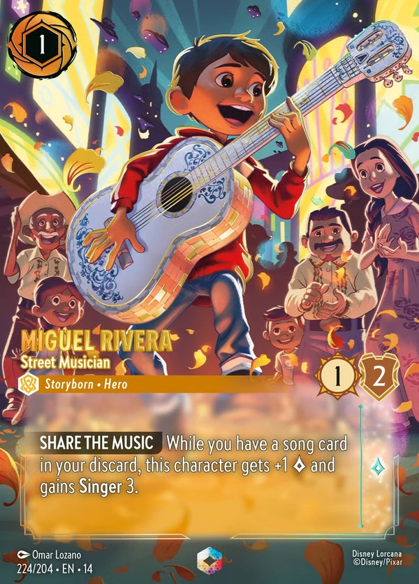 Complete Enchanted Miguel Rivera – Street Musician card, showing Miguel playing guitar before a smiling crowd amid golden petals and colorful lights.
