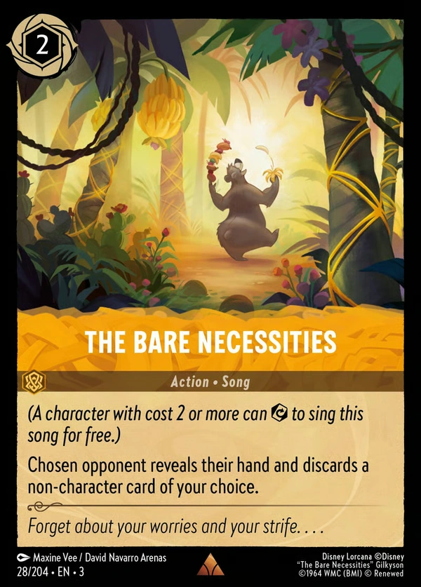 Complete The Bare Necessities song card, showing Baloo dancing along a sunlit jungle path with fruit and a peeled banana.