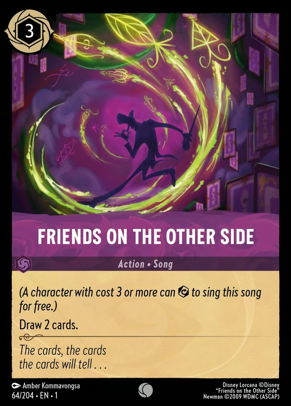 Complete Friends on the Other Side song card, showing Dr. Facilier’s top-hatted silhouette inside a spiral of green symbols and purple smoke.