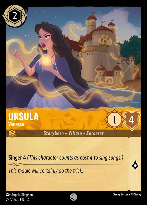 Complete Ursula – Vanessa card, showing Vanessa holding a glowing shell necklace, with golden swirls and a seaside castle behind her.
