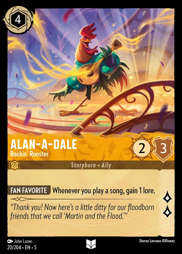 Complete Alan-a-Dale – Rockin’ Rooster card, with the rooster playing a lute amid golden ribbons and confetti.