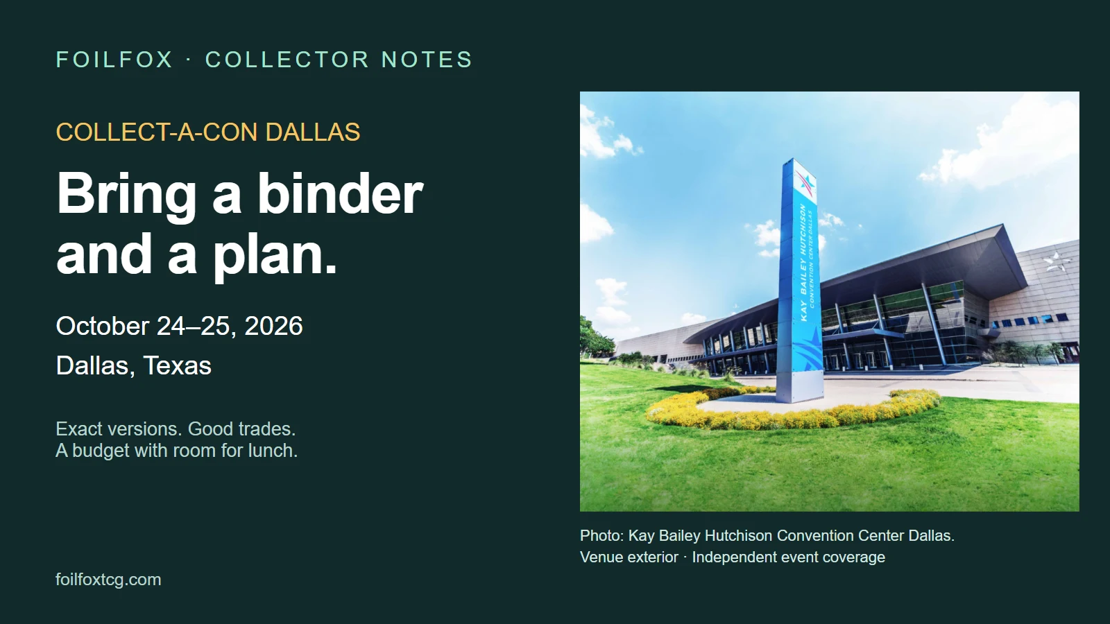 Kay Bailey Hutchison Convention Center Dallas, venue for Collect-A-Con Dallas on October 24–25, 2026