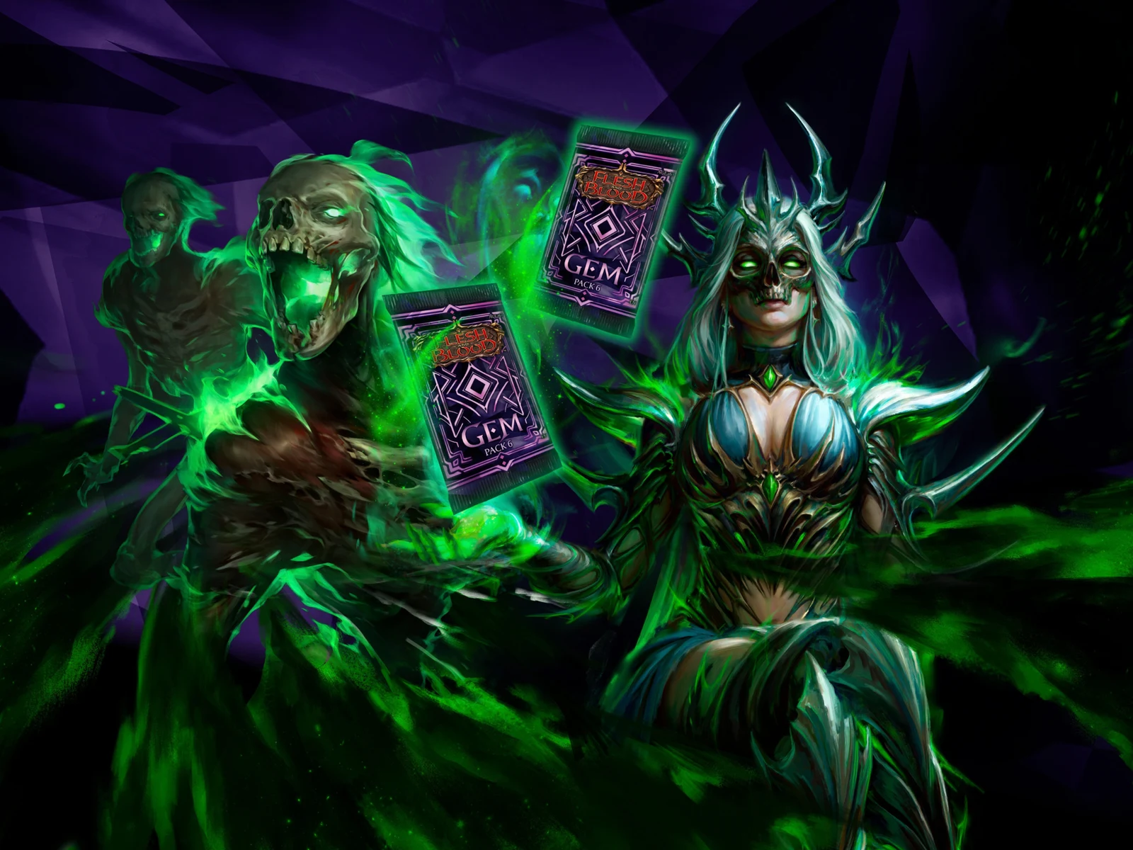 Malice and an undead companion with purple GEM Pack 6 prize packs in the official Flesh and Blood artwork