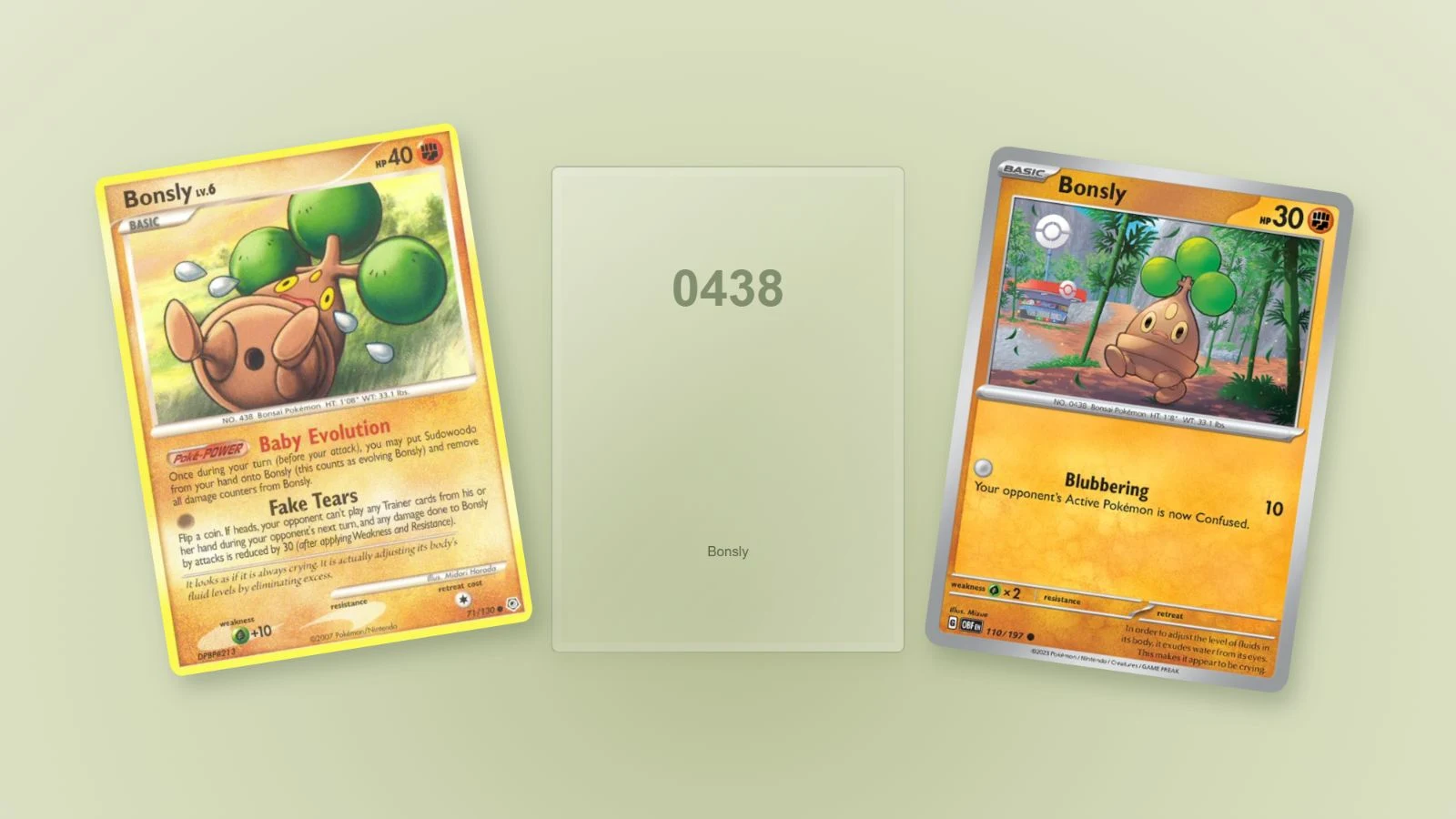 Illustrated binder layout with Bonsly cards from 2007 and 2023 beside an empty pocket numbered 438. Card artwork © Pokémon.