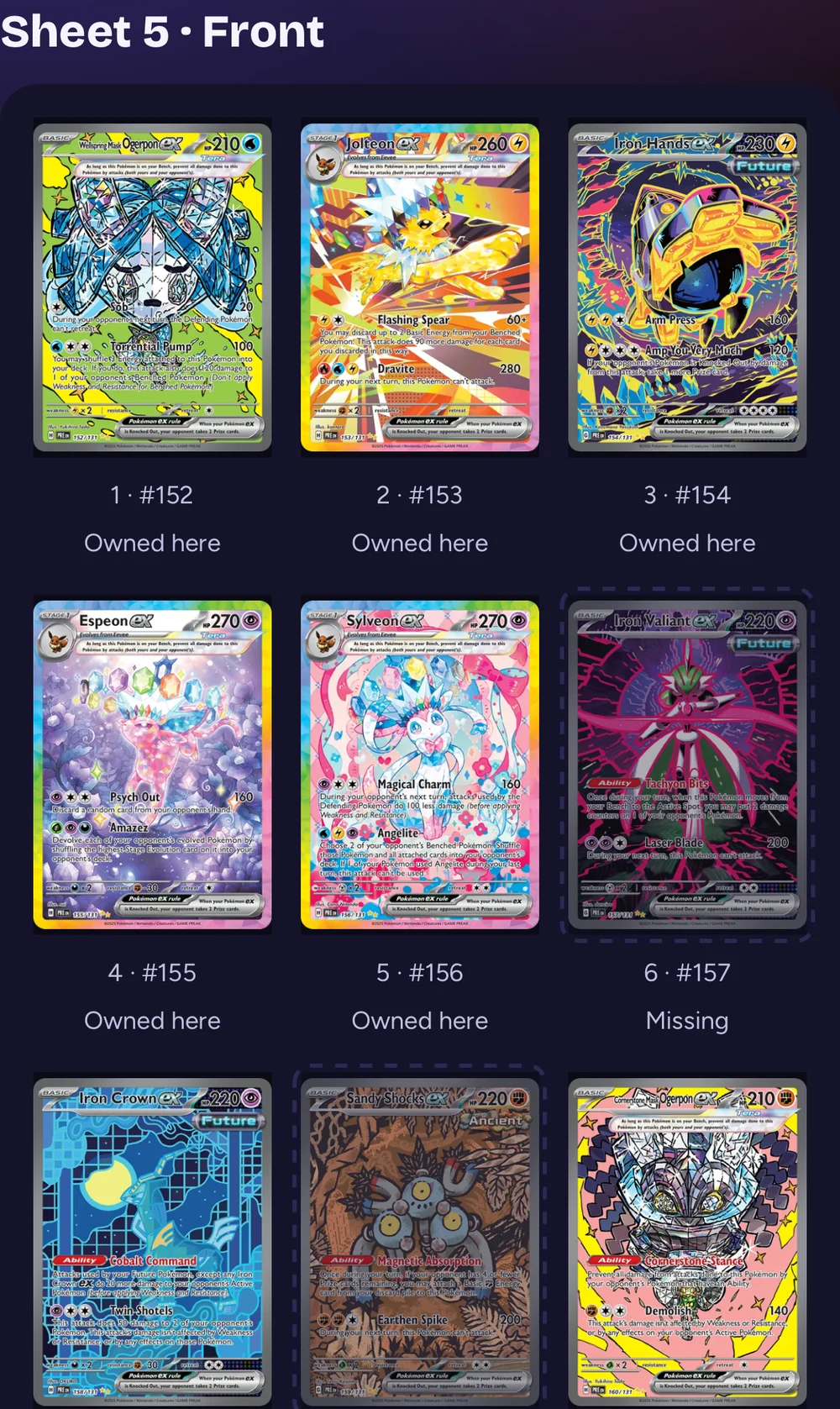 FoilFox example binder: Prismatic Evolutions cards in planned pockets, with owned and missing versions
