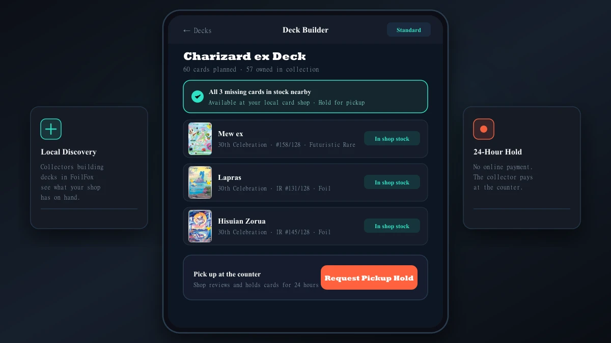 A collector’s deck list in the FoilFox app showing which missing cards a nearby shop has on hand, with a 24-hour pickup hold.