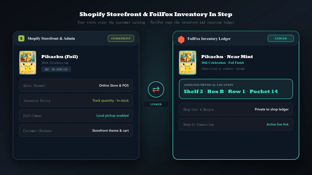 A Shopify product record compared to a FoilFox inventory row with an assigned physical shelf coordinate.